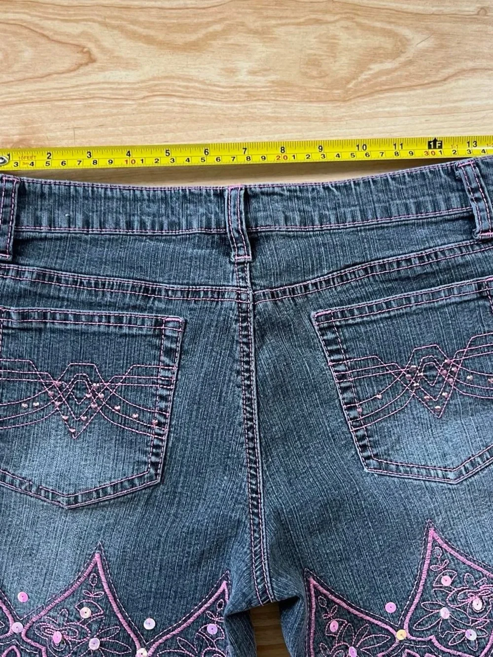 y2k fairy core denim shorts embroidered scallop hem and sequin details